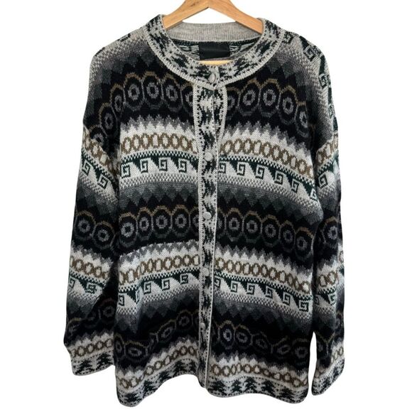 Vintage Sebsatex Alpaca Wool MultiPrint Oversized Grandpa Cardigan Sweater Med - Picture 1 of 10